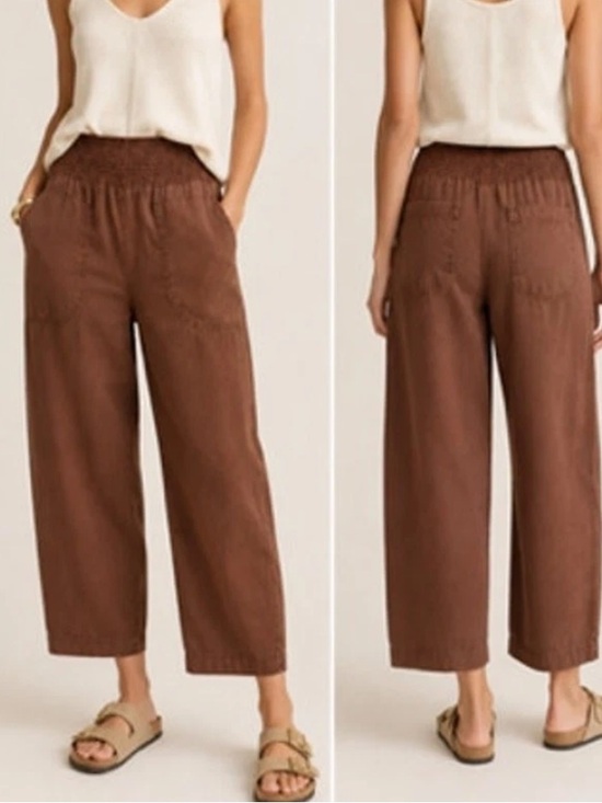 Pilcro Pants - Anthropologie Pilcro Reese Smocked Linen Barrel Pants Medium Brown Boho Size M